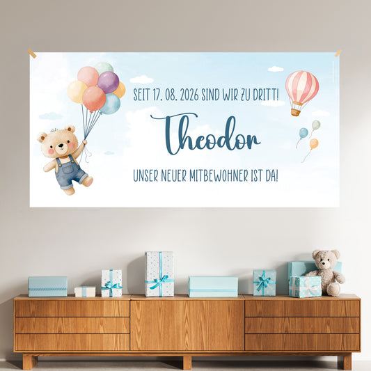 Baby Willkommensbanner mit Teddy, Luftballons und Heißluftballon, Name Theodon und Wunschtext als Wanddeko im Kinderzimmer