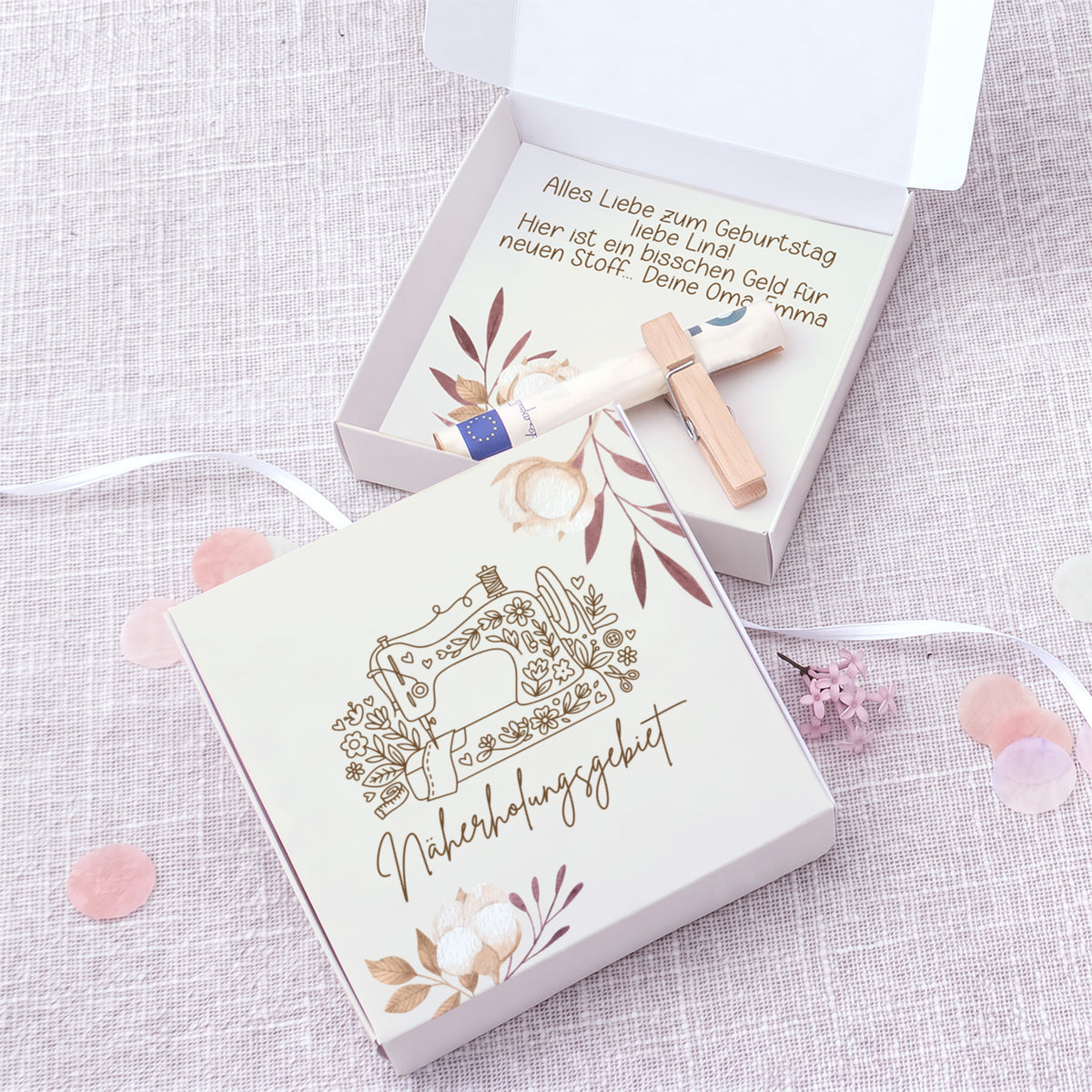 Geldgeschenkbox Näherholungsgebiet mit Nähmaschinen Motiv und Geldschein zum Geburtstag