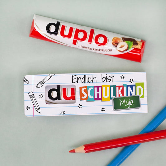 Personalisierter duplo Riegel zur Einschulung mit Name Maja und Schulkind Motiv