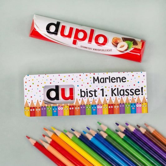 duplo Riegel mit Buntstift Motiv zur Einschulung | Geschenk mit Name für Schultüte & 1. Klasse