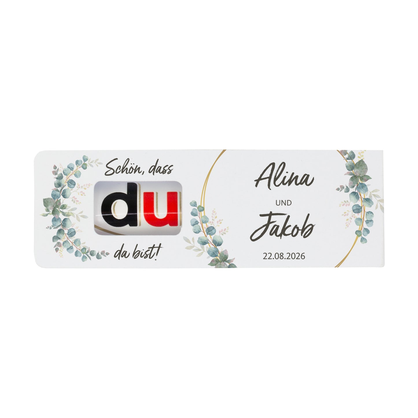 Hochzeitsgastgeschenk mit Eukalyptus Design und Aufschrift Schön dass du da bist