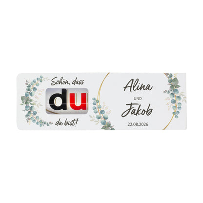 Hochzeitsgastgeschenk mit Eukalyptus Design und Aufschrift Schön dass du da bist