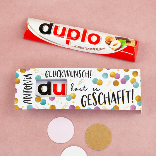 Personalisierter duplo Riegel mit Name Antonia und Glückwunsch Motiv zum bestandenen Abschluss