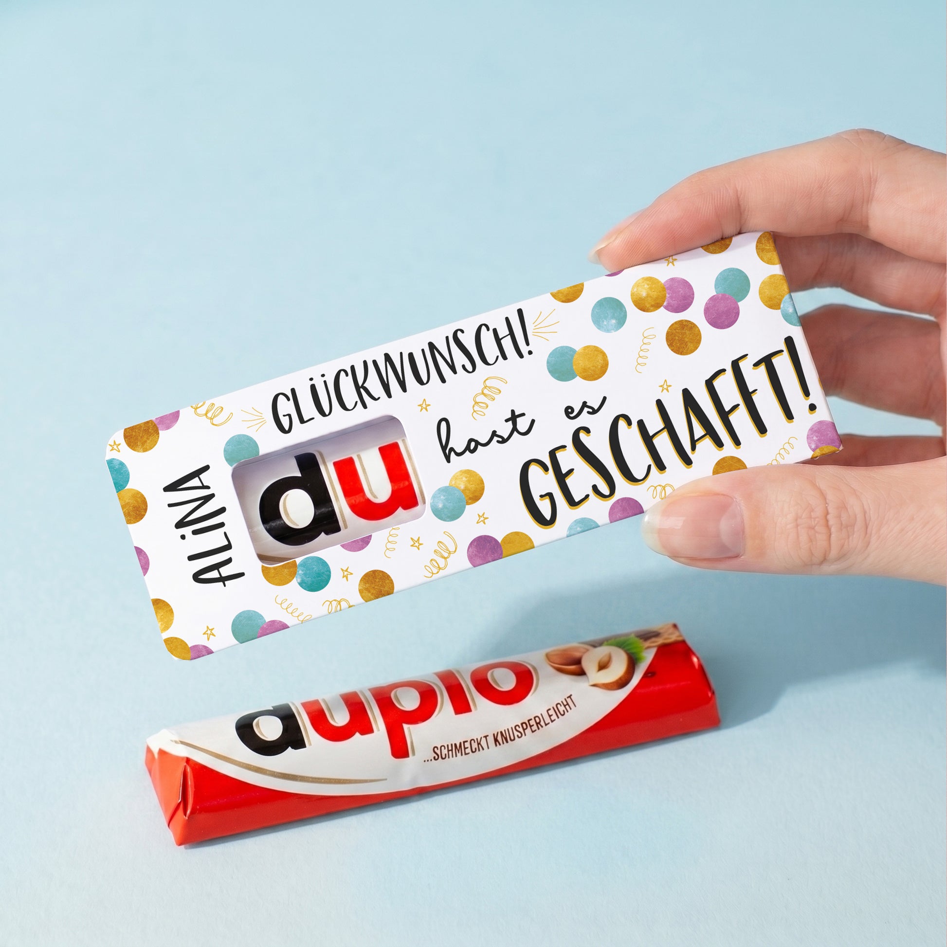 Personalisierter duplo Riegel mit Name Alina als süße Geschenkidee zum Erfolg