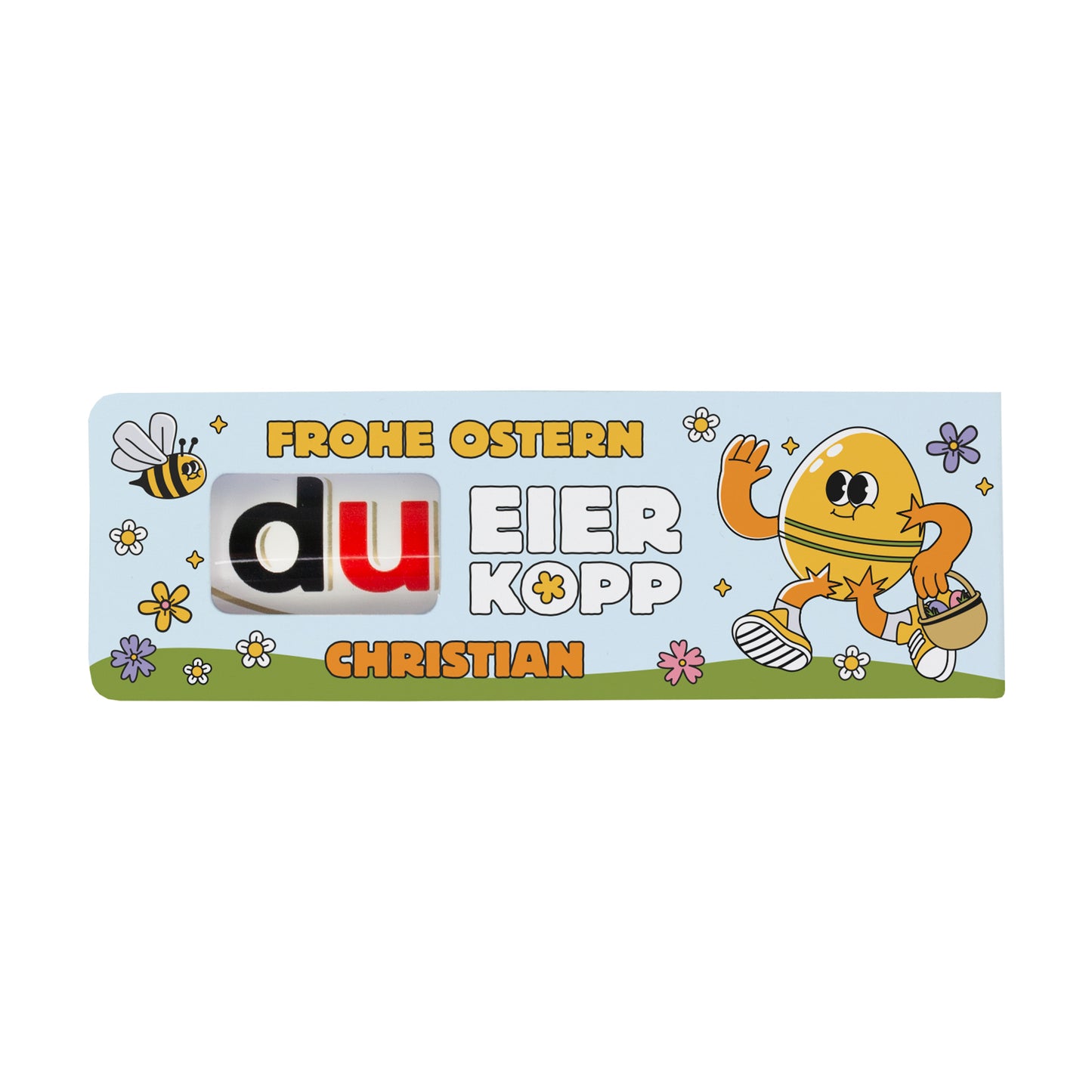Personalisierte Oster Schokolade mit duplo Riegel und Name als humorvolle Kleinigkeit im Osternest