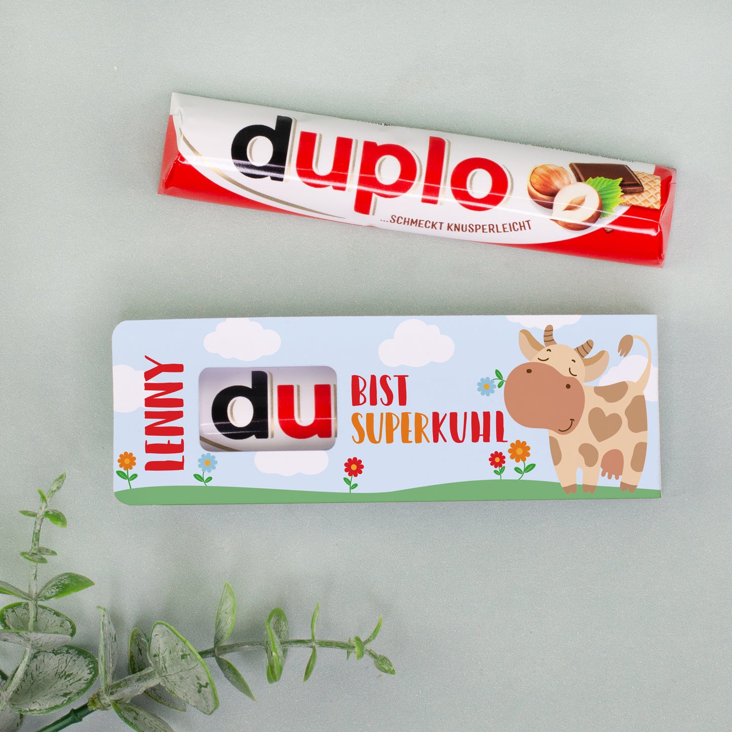 Personalisierter duplo Riegel „Du bist superkuhl“ mit Kuh-Design und Kindername