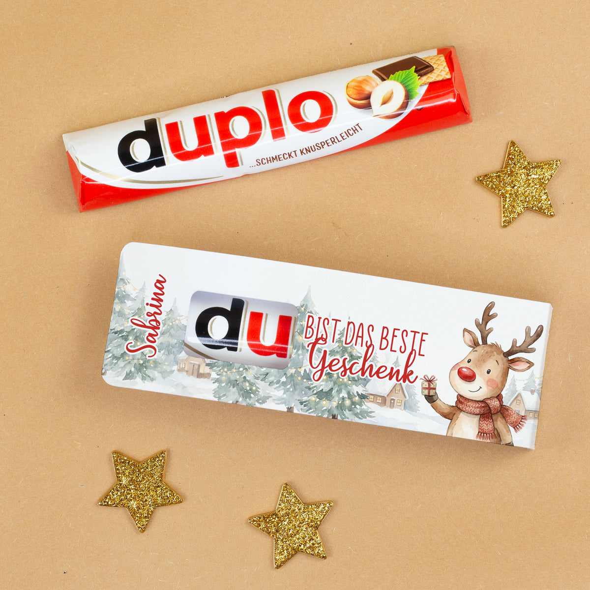 Personalisierter duplo Riegel „Du bist das beste Geschenk“ mit Name und Rentier Weihnachtsmotiv