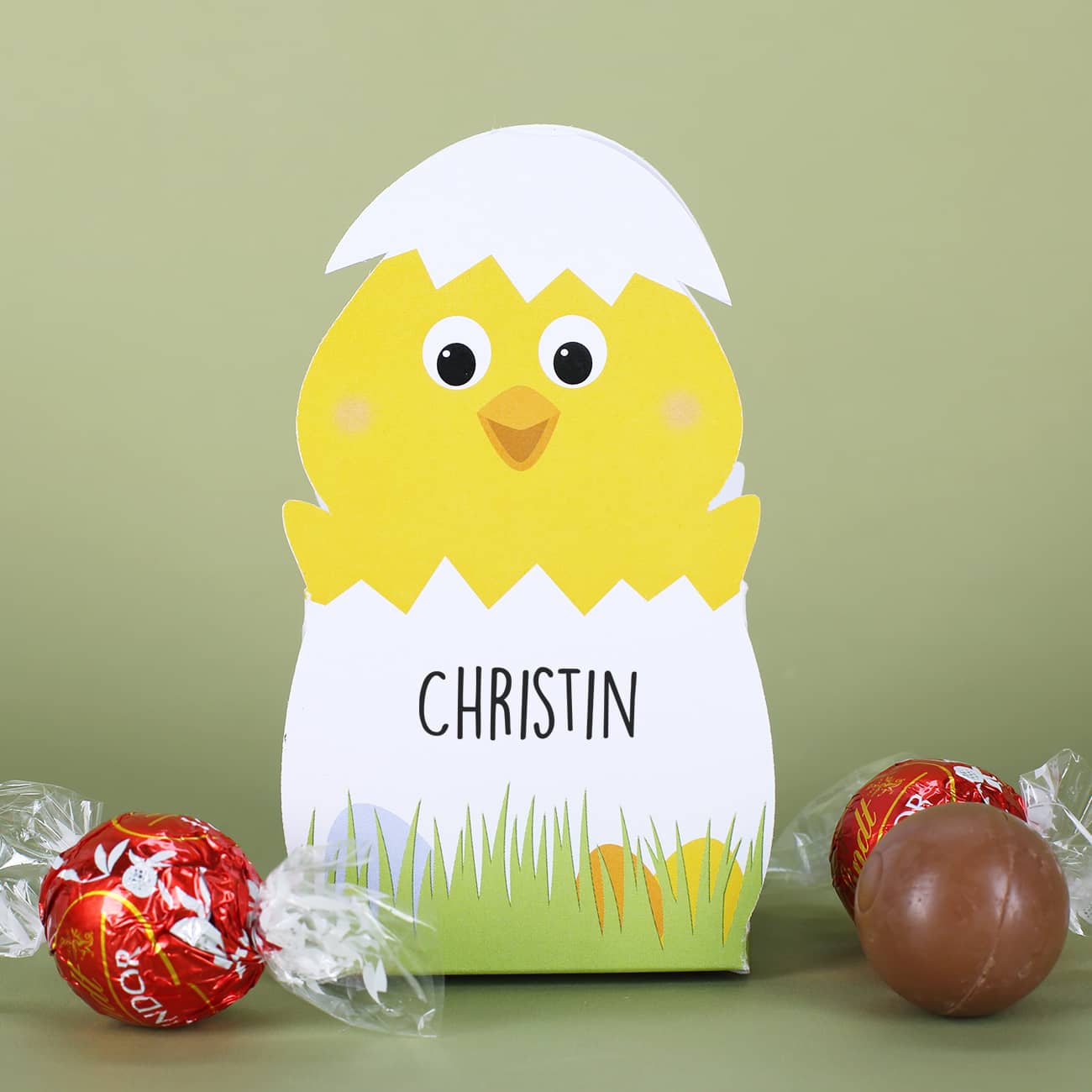 Faltschachtel zu Ostern mit 3 Lindorkugeln und Ihrem Wunschnamen