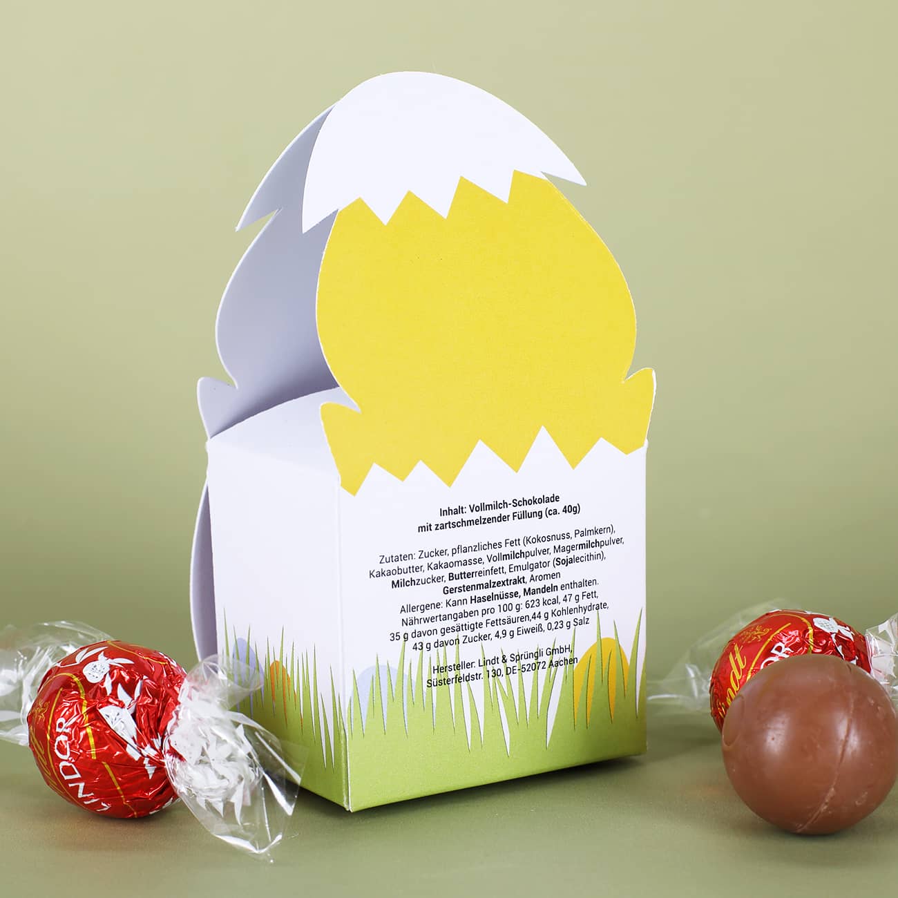 Faltschachtel zu Ostern mit 3 Lindorkugeln und Ihrem Wunschnamen