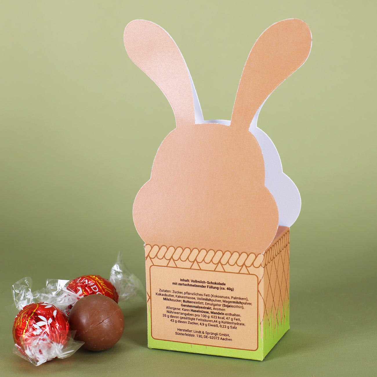 Faltschachtel zu Ostern mit 3 Lindorkugeln und Ihrem Wunschnamen