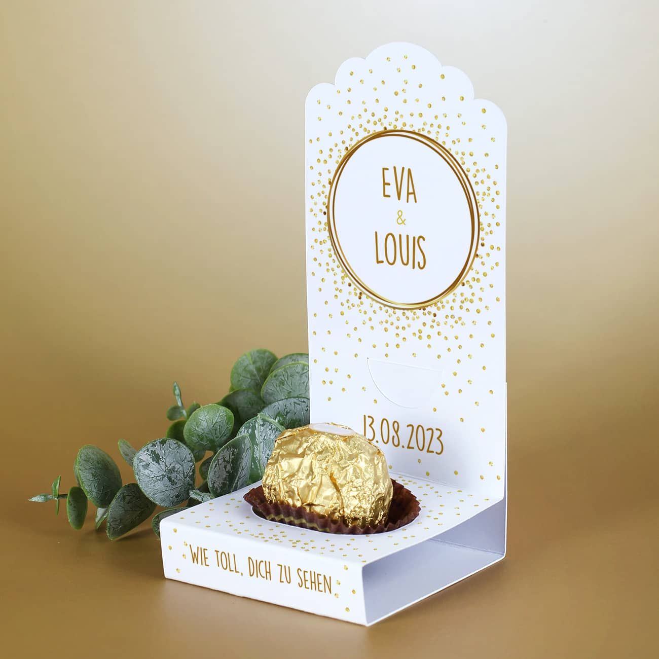 Faltaufsteller im 4er-Set mit goldenen Konfetti-Motiv und Ihren Wunschangaben bedruckt