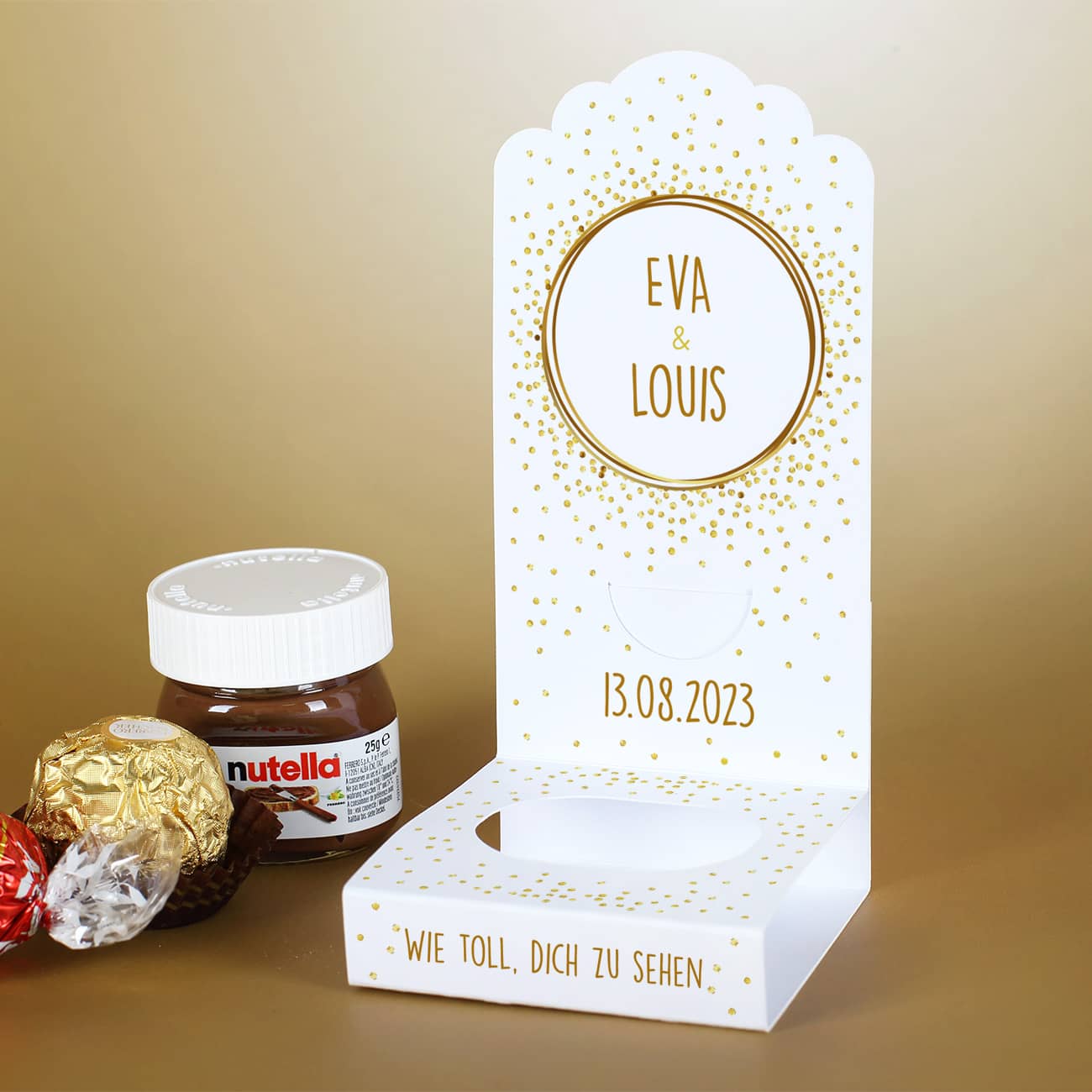 Faltaufsteller ideal für kleine Gastgeschenke, wie Mini-Nutella, Rocher und vieles mehr!