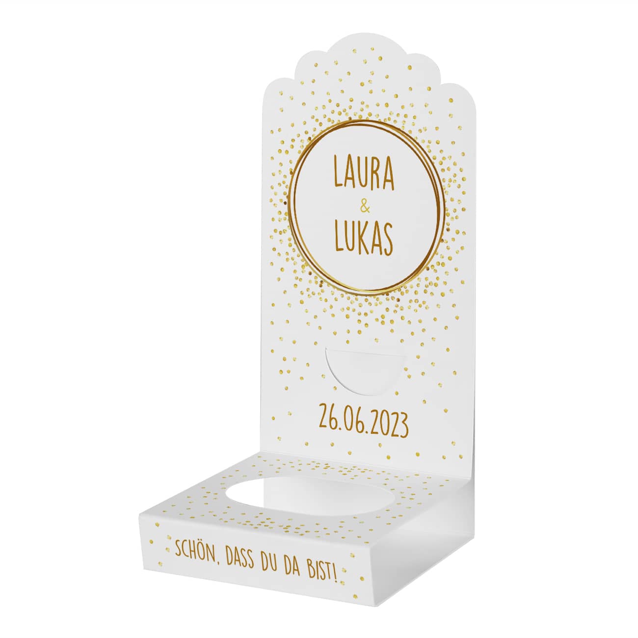 Faltaufsteller mit Ihren Wunschangaben und goldenen Motiv für Gastgeschenke zur Hochzeit