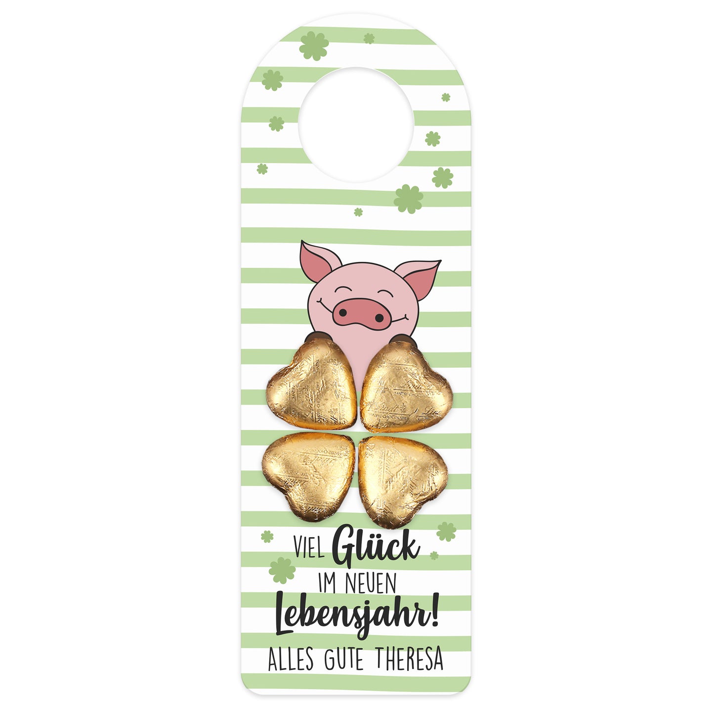 Geburtstags-Flaschenanhänger mit Lindt Schokoladenherzen und Kleeblatt-Motiv, freigestellt auf weißem Hintergrund.