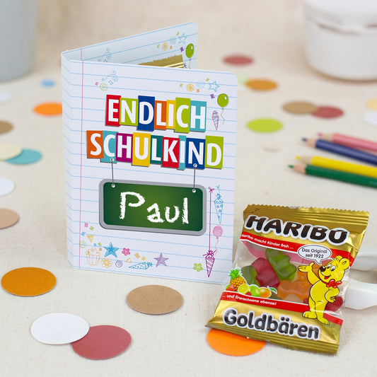 4er Set Gastgeschenk zur Einschulung | Haribo Goldbären im Klappkärtchen mit Name personalisiert