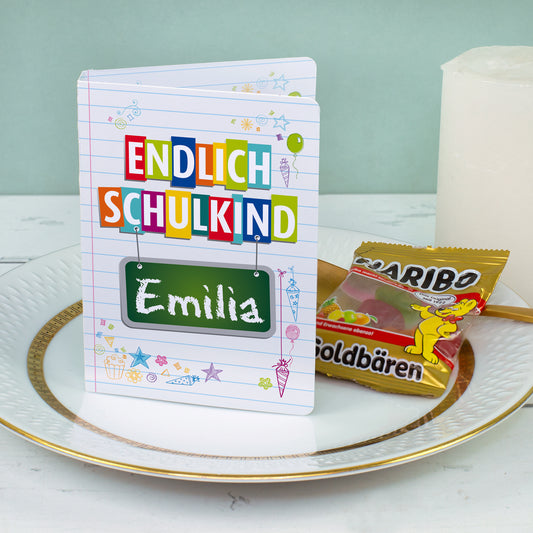 4er Set Gastgeschenk zur Einschulung | Haribo Goldbären im Klappkärtchen mit Name personalisiert