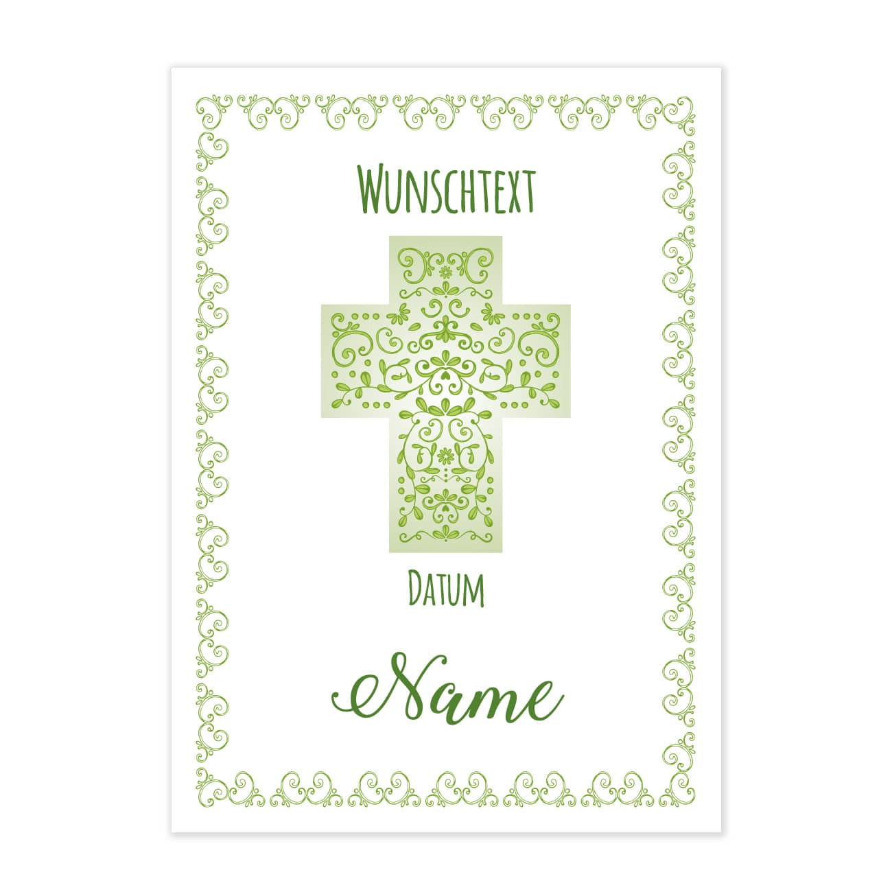 Klappkarte mit grünen Kreuz und feinen Ornamenten sowie Ihren Wunschangaben