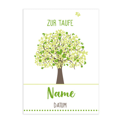 Taufkarte in grün mit Lebensbaum, Ihrem Wunschnamen sowie einem individuellen Datum gestaltet