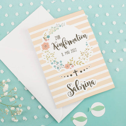 Tolle Konfirmationskarte mit Blumenkranz, Name und Datum