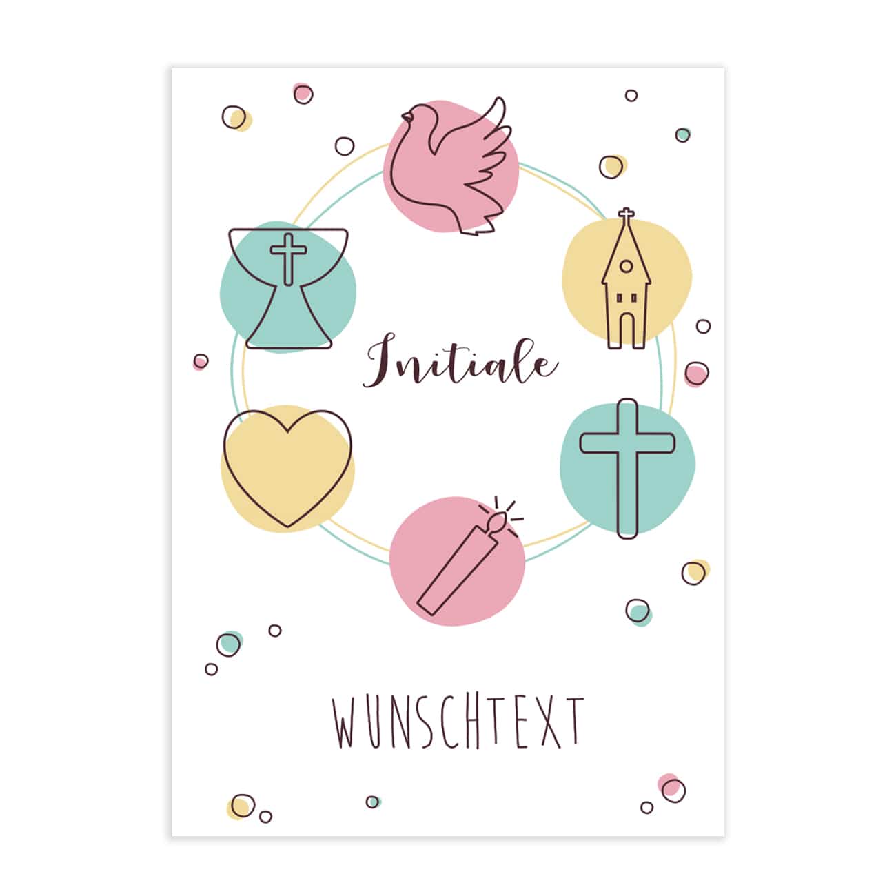 Karte mit kirchlichen Symbolen zur Konfirmation, Kommunion oder Taufe mit einem Initial und einem kurzen eigenen Text bedruckt