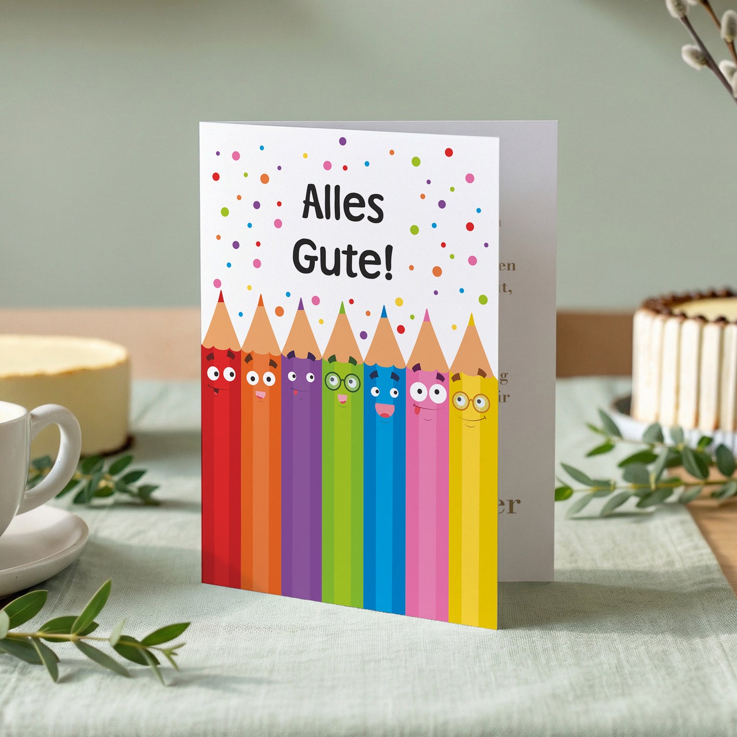 Klappkarte mit bunten Stiften und Schriftzug Alles Gute als Motiv für Schule, Geburtstag oder Kinder