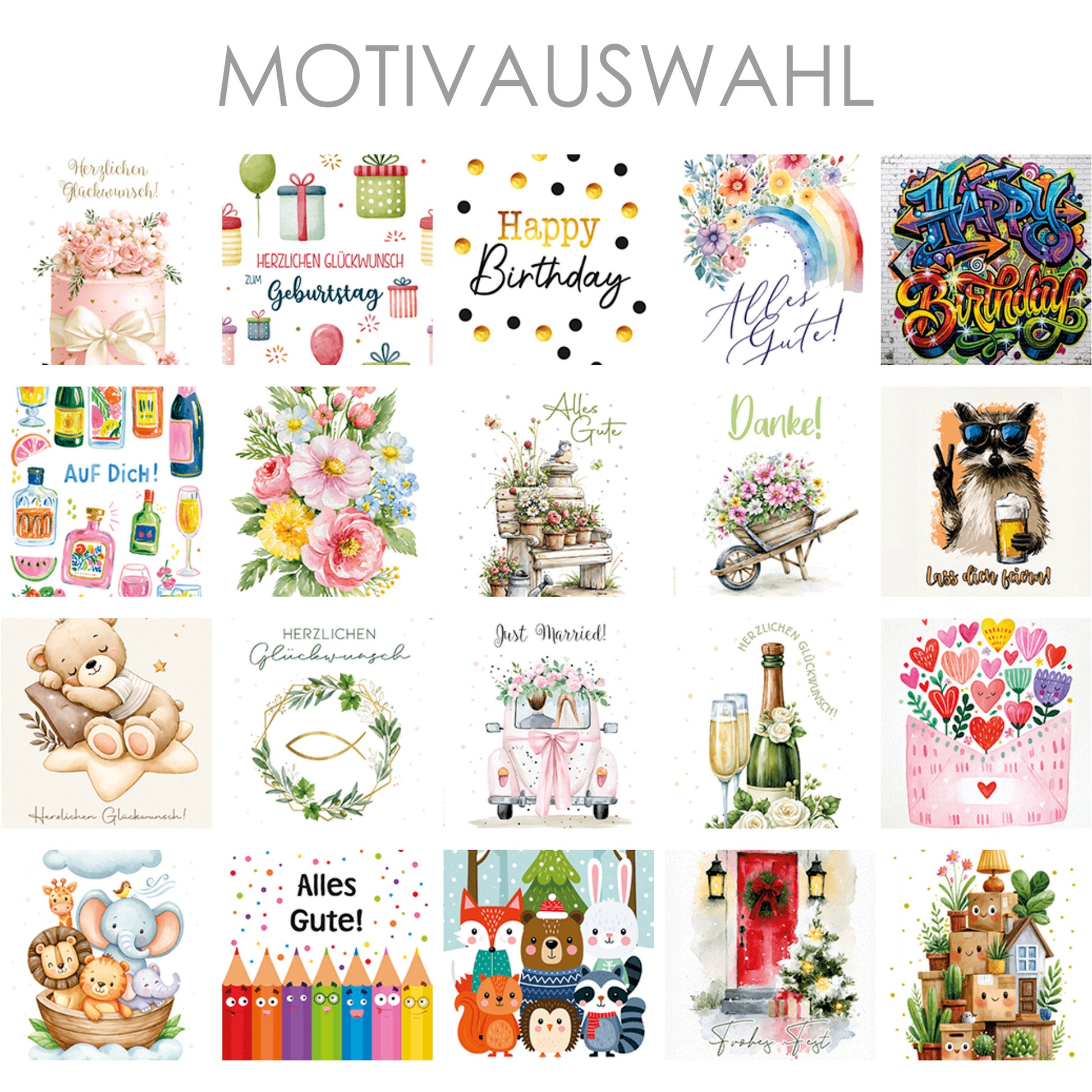 Übersicht verschiedener Kartenmotive für Geburtstag, Hochzeit, Taufe, Dankeschön, Weihnachten und weitere Anlässe