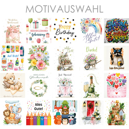 Übersicht verschiedener Kartenmotive für Geburtstag, Hochzeit, Taufe, Dankeschön, Weihnachten und weitere Anlässe