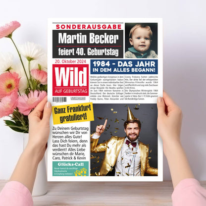 Große Klappkarte Geburtstagszeitung mit Ihren Fotos und individuellem Text