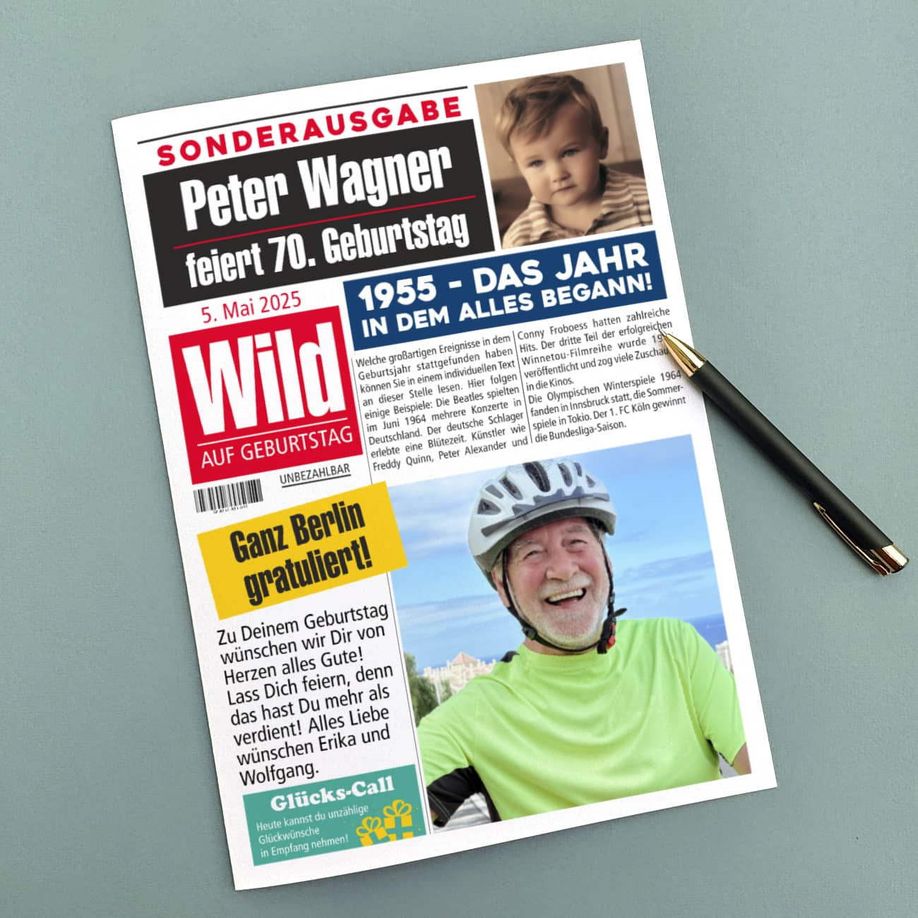 Klappkarte Geburtstag in Zeitungsoptik mit Ihren Fotos und individuellem Text