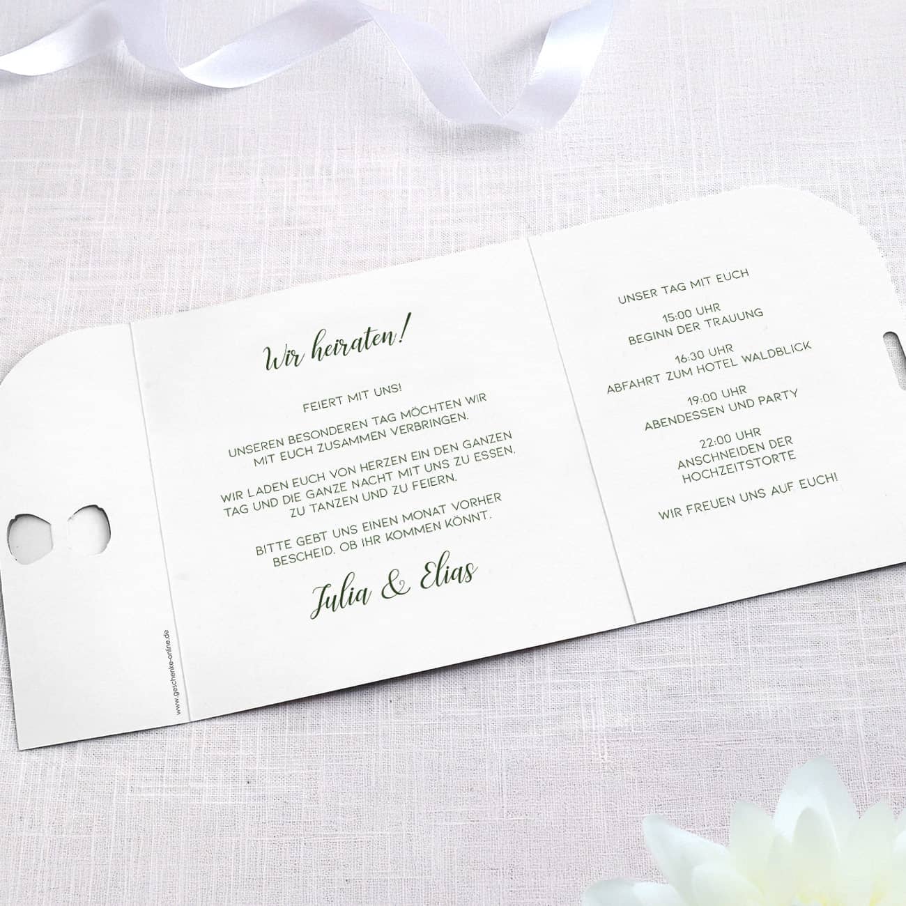 Einladungskarte zur Hochzeit mit Schleifensverschluss - Innenseite
