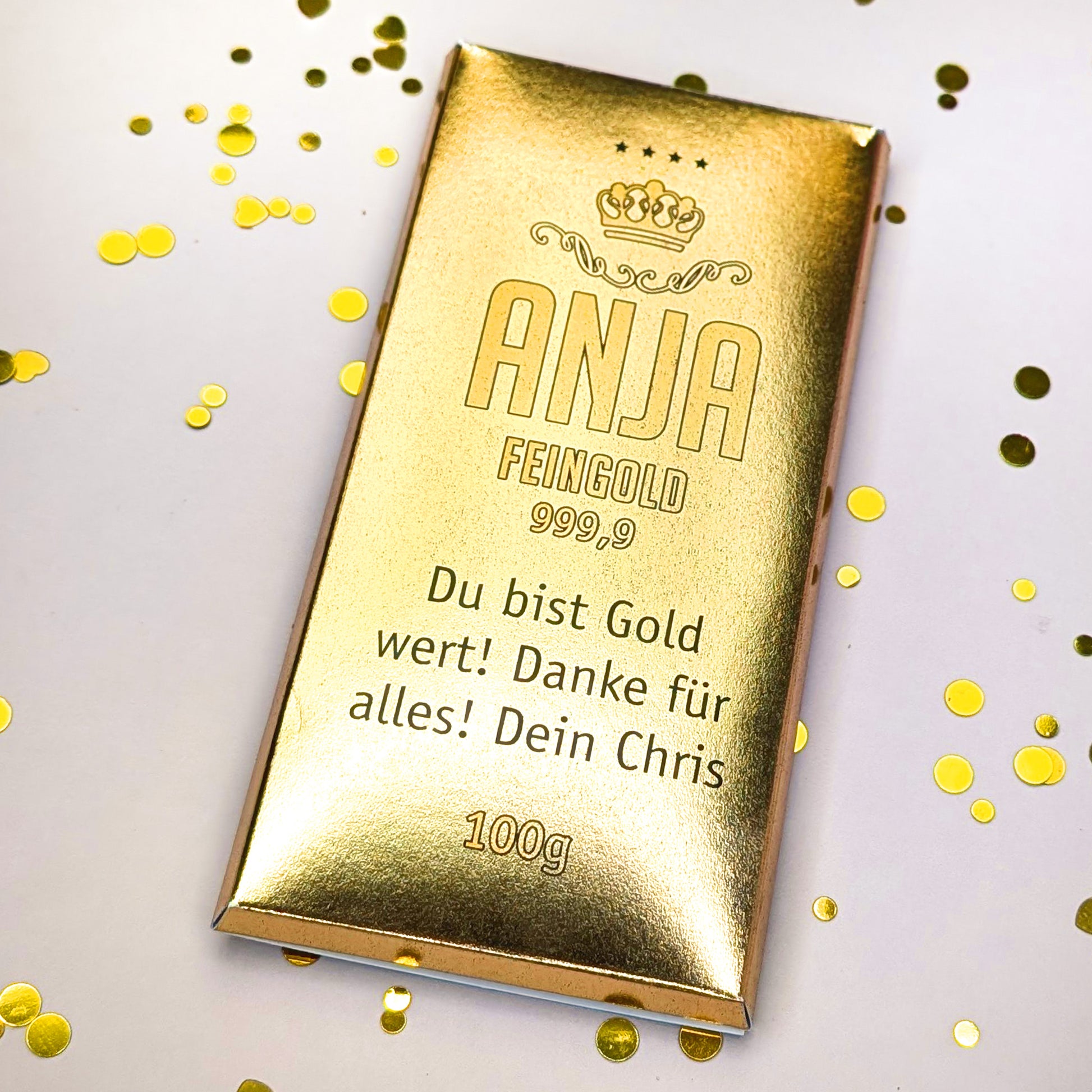Schokolade mit Goldbarren-Verpackung und Personalisierung