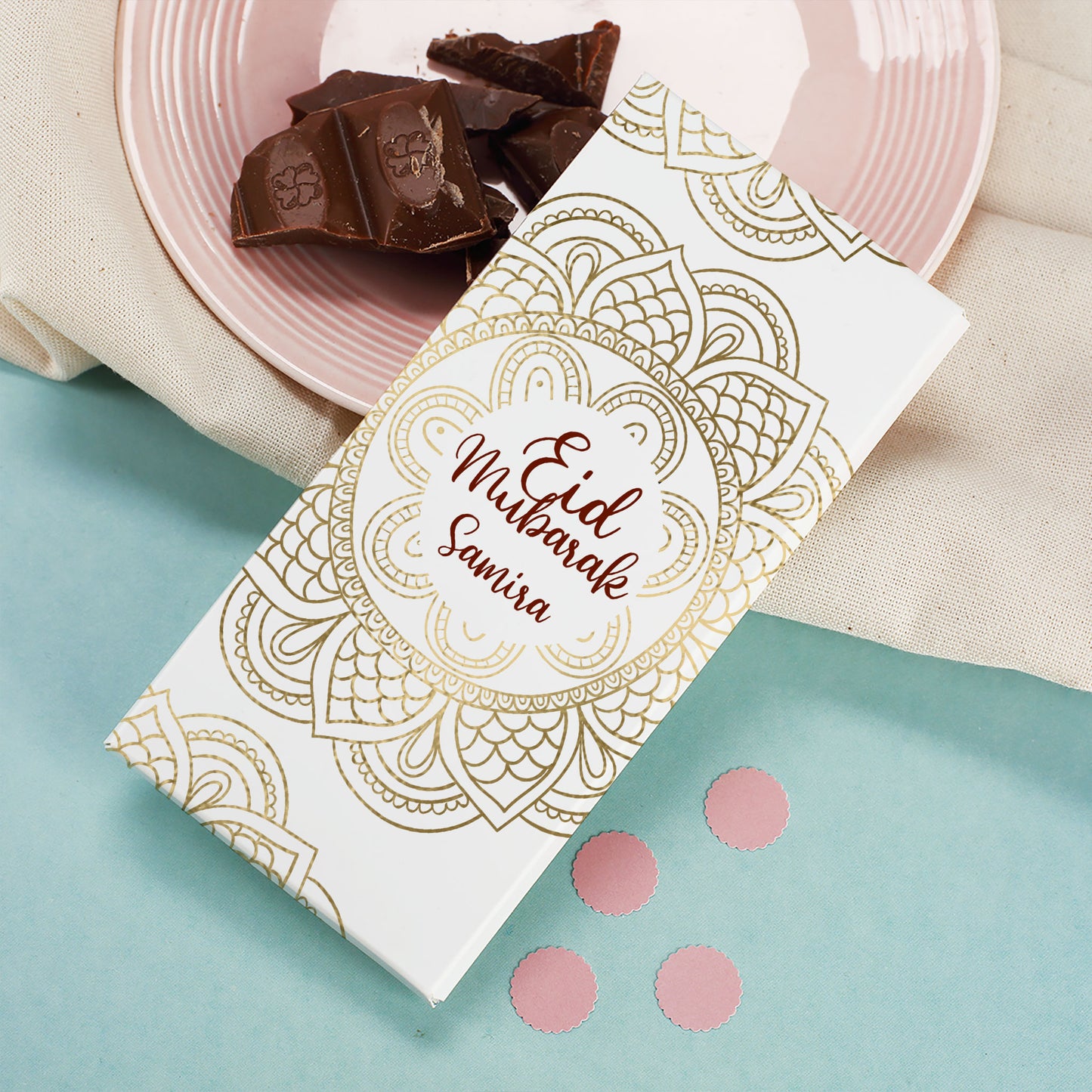 Eid Mubarak - goldveredelte 100 g Schokolade mit Mandalamotiv und Name personalisiert
