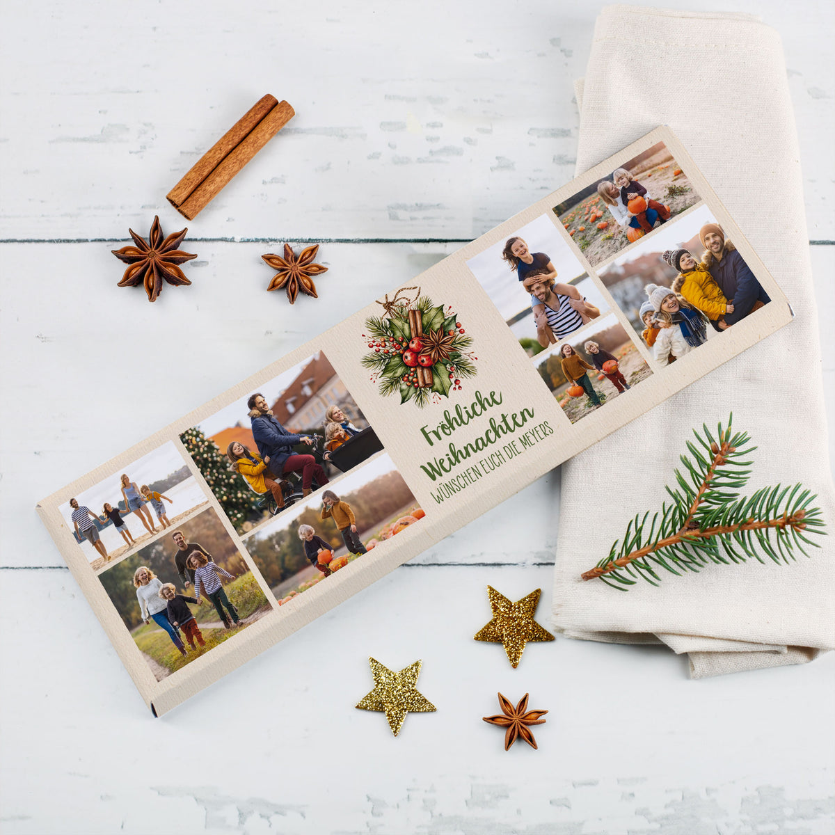 Personalisierte XL Schokolade zu Weihnachten mit 8 Familienfotos und persönlichem Wunschtext