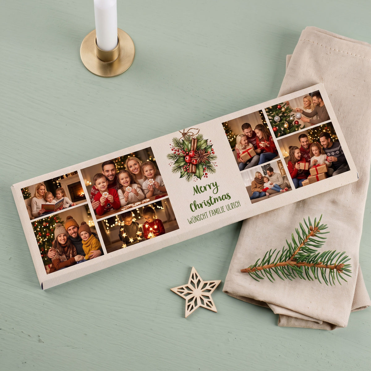 Personalisierte 300 g Schokolade mit 8 Familienfotos und Merry Christmas Wunschtext