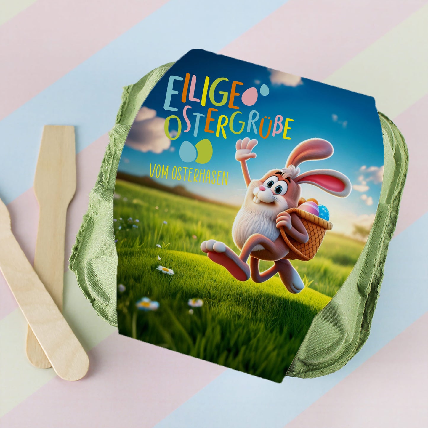 Schokoeier "Eilige Ostergrüße" in personalisiertem Eierkarton mit Wunschtext | 4 Löffeleier