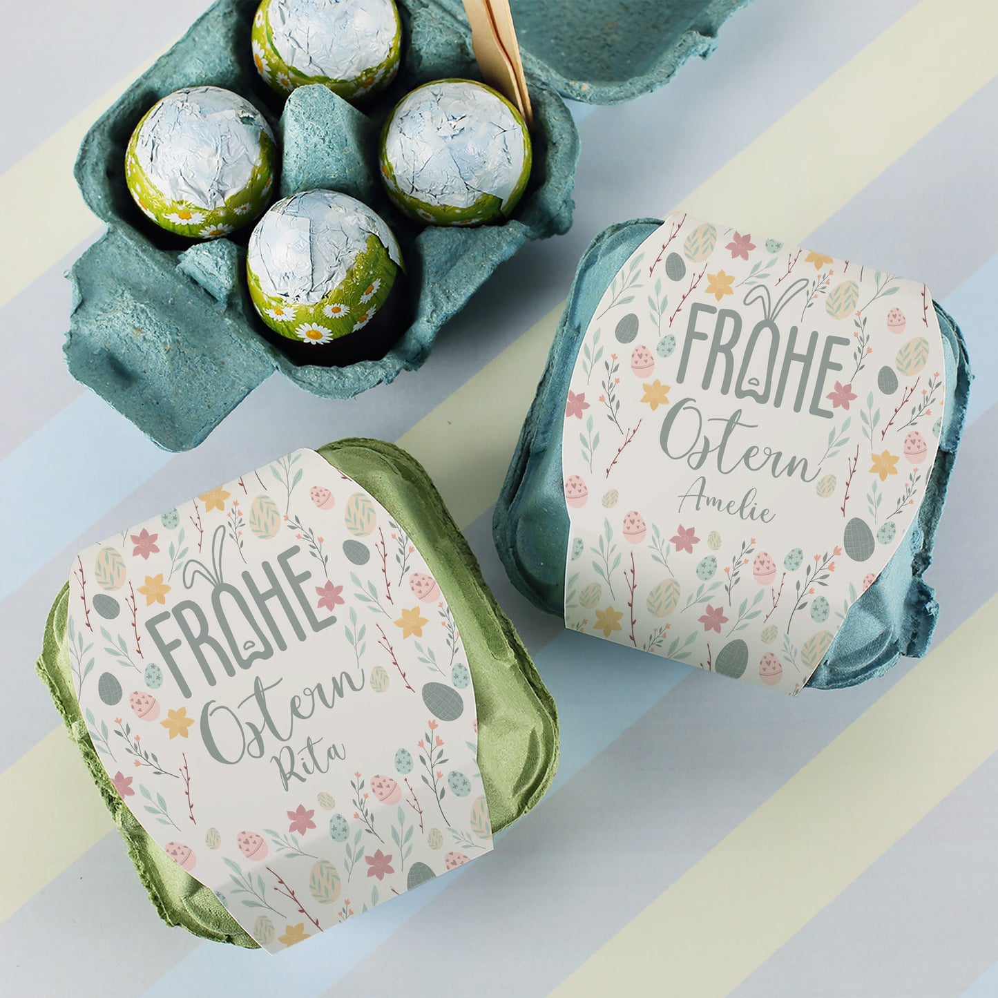 "Frohe Ostern" Schokoeier mit Wunschname & buntem Oster-Motiv | 4 Löffeleier
