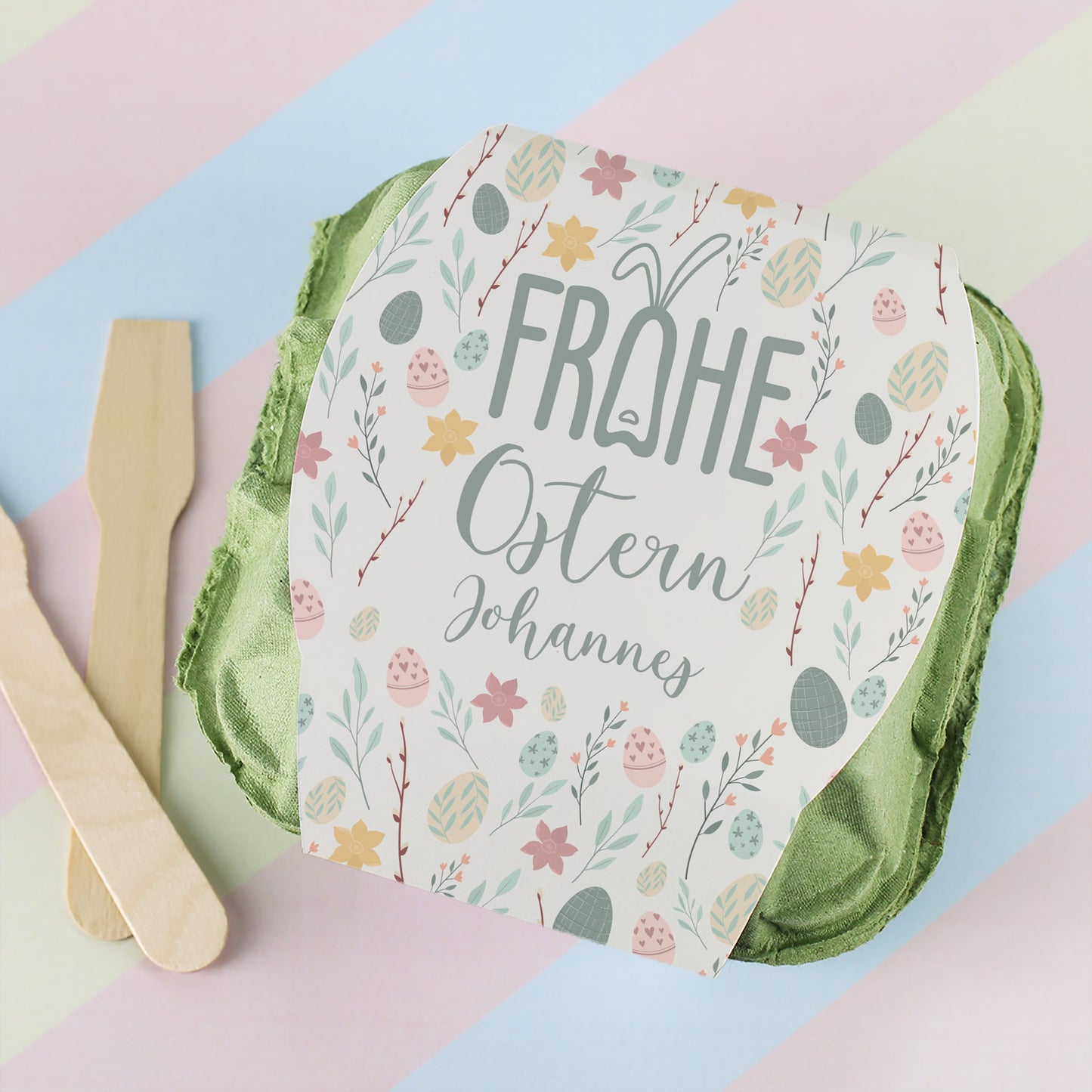 "Frohe Ostern" Schokoeier mit Wunschname & buntem Oster-Motiv | 4 Löffeleier