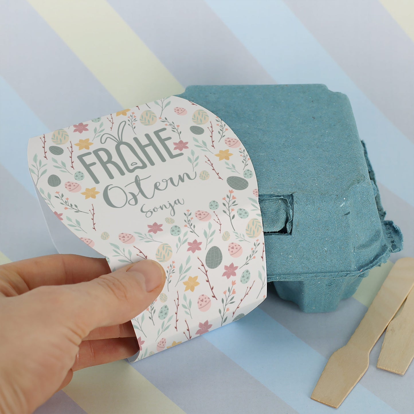 "Frohe Ostern" Schokoeier mit Wunschname & buntem Oster-Motiv | 4 Löffeleier