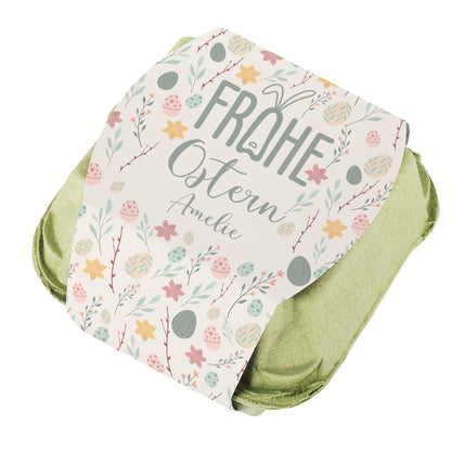 "Frohe Ostern" Schokoeier mit Wunschname & buntem Oster-Motiv | 4 Löffeleier