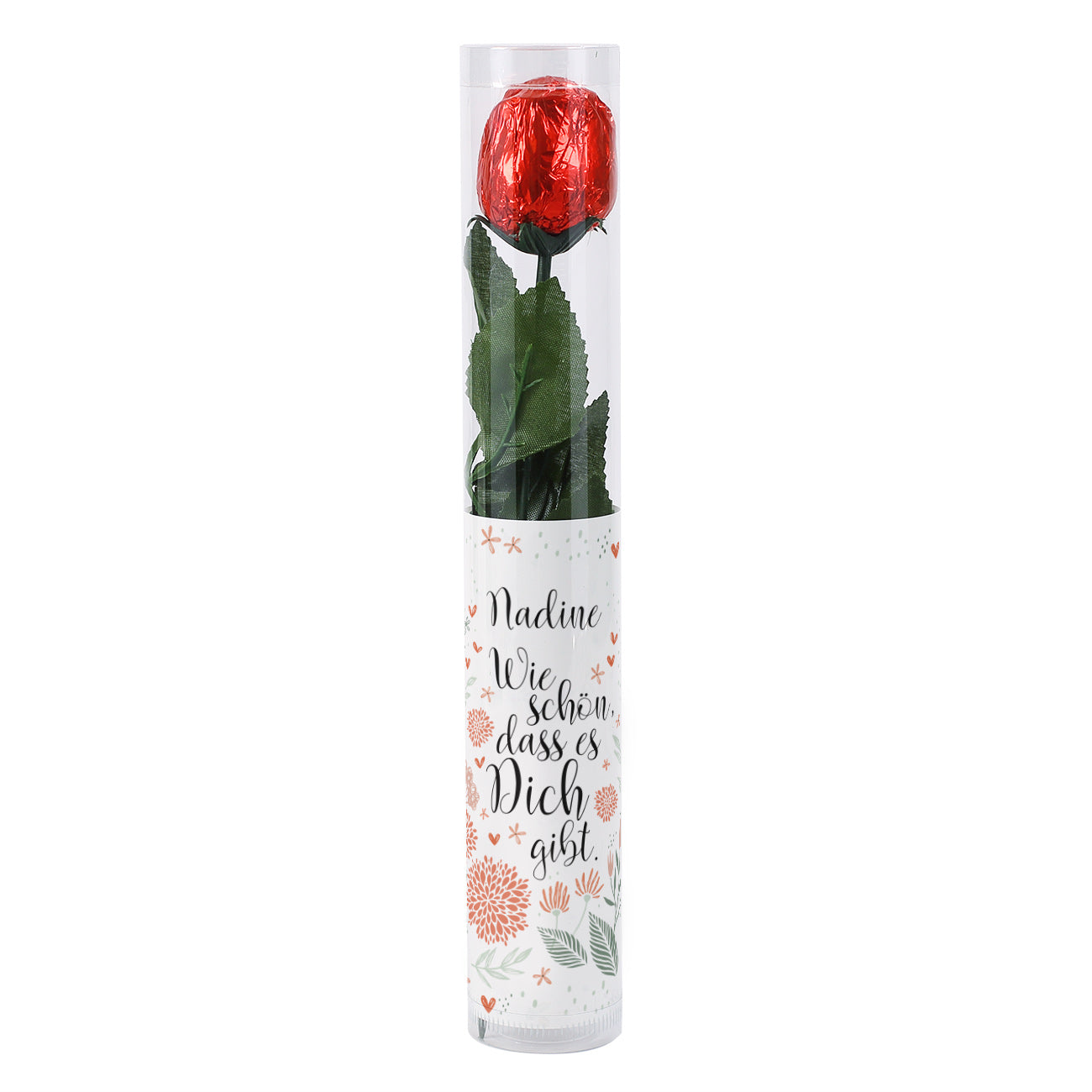 Wie schön, dass es Dich gibt! - Schokoladen-Rose mit Name personalisiert