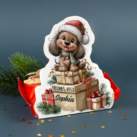 Personalisierter Mini Stollen mit Dackel Motiv, Name Sophia und Schriftzug Frohes Fest zu Weihnachten