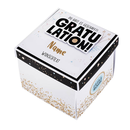 Gratulation, du hast es geschafft! -  Geschenkbox mit Name und Wunschtext