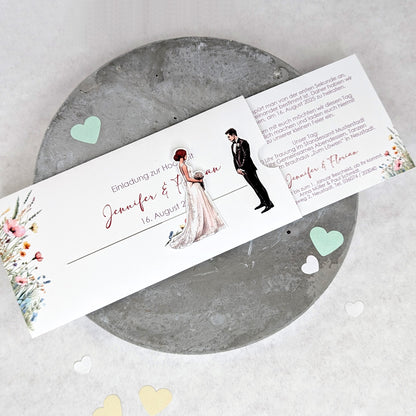 Einladung zur Hochzeit - Ziehkarte mit Brautpaar und Wiesenblumen (Motiv 5)