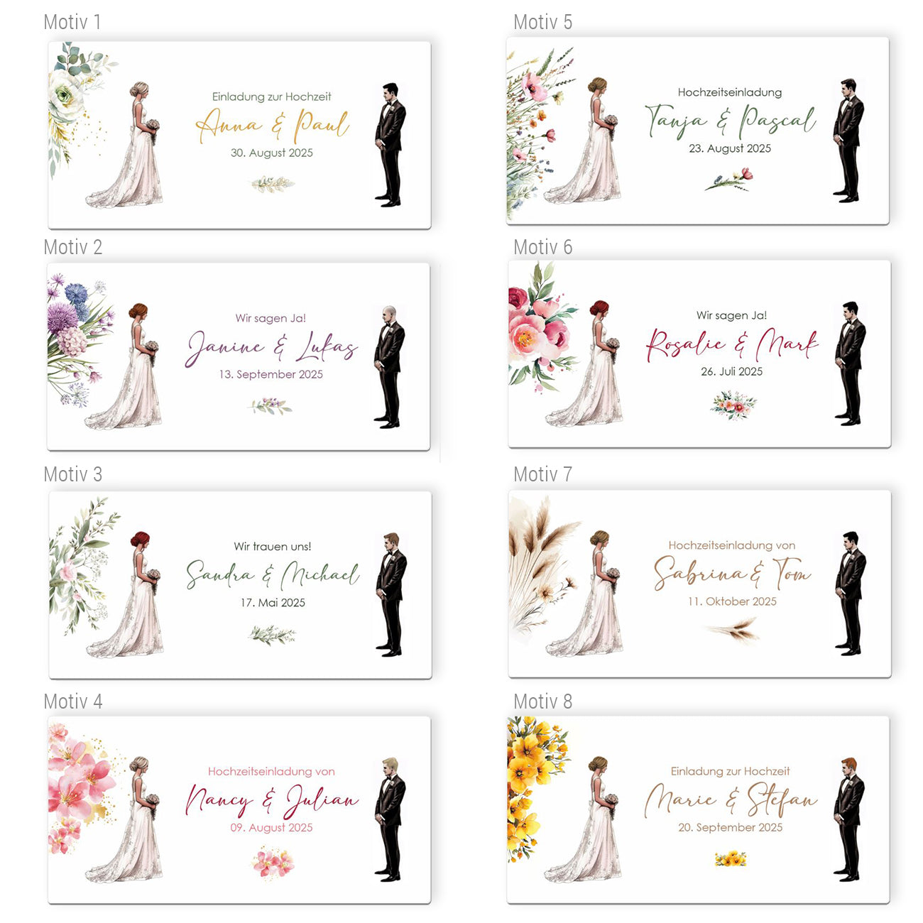 Hochzeitseinladung - Ziehkarte mit Brautpaar und mit 8 verschiedenen Hintergründen zur Auswahl