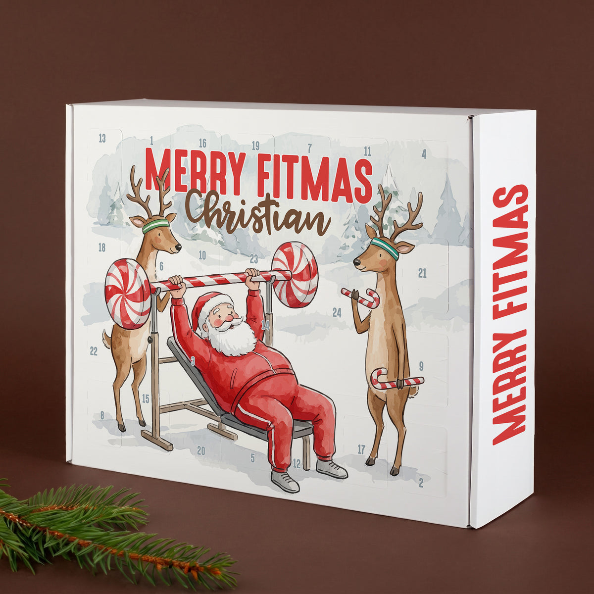 Personalisierter Adventskalender Merry Fitmas mit Name und Weihnachtsmann beim Fitnesstraining