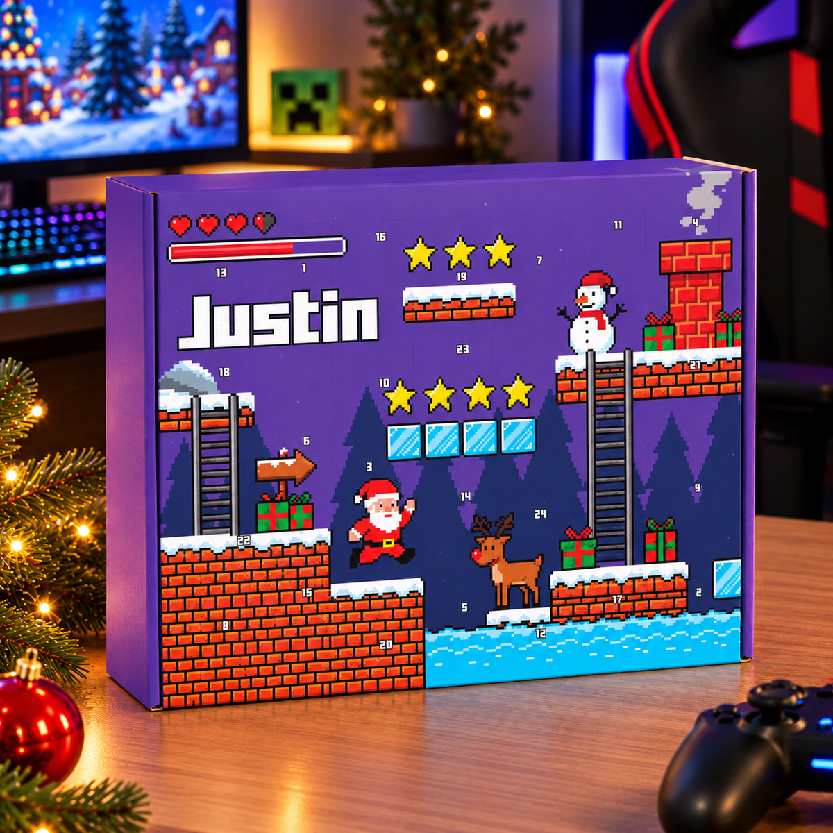 Adventskalender mit Name personalisiert & 8-Bit Gaming Motiv | DIY Kalender zum Befüllen für Gamer