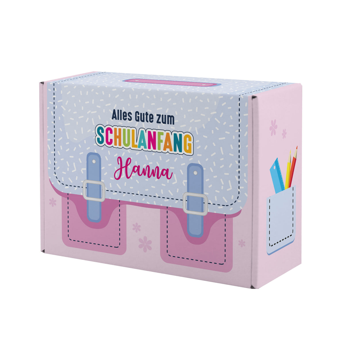 Kleine rosa Geschenkverpackung zur Einschulung im Schulranzen-Design mit Name personalisiert