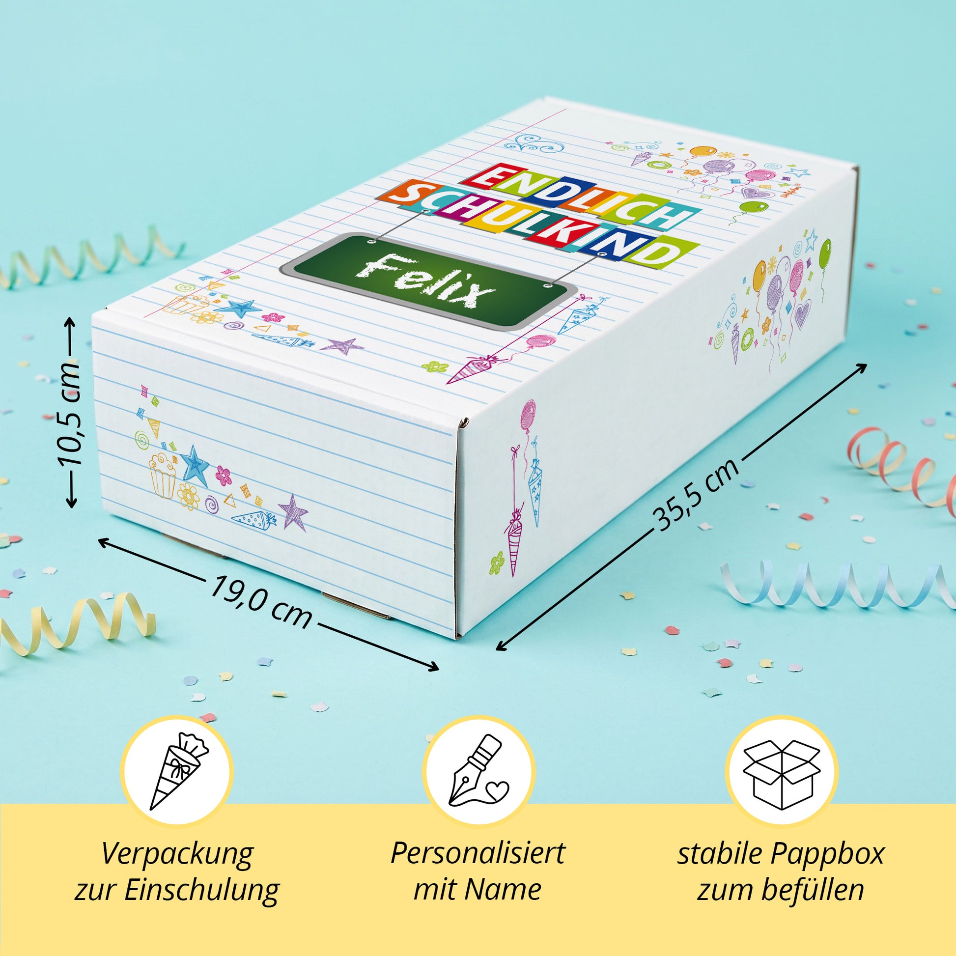Erinnerungsbox zur Einschulung aus Pappe personalisiert mit Wunschnamen