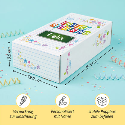 Erinnerungsbox zur Einschulung aus Pappe personalisiert mit Wunschnamen