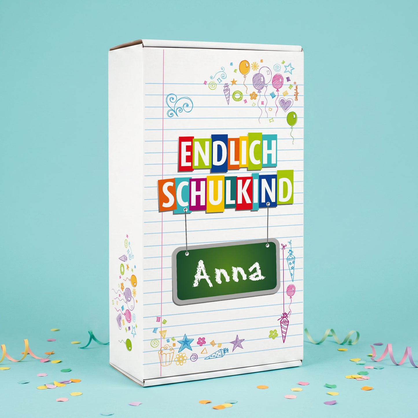 Geschenkkarton zur Einschulung - Endlich Schulkind mit Wunschnamen